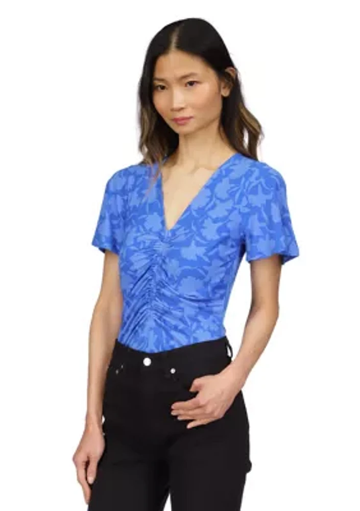 Women's Short Sleeve V-Neck Floral Print Ruched Knit Top