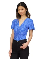 Women's Short Sleeve V-Neck Floral Print Ruched Knit Top