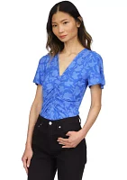 Women's Short Sleeve V-Neck Floral Print Ruched Knit Top