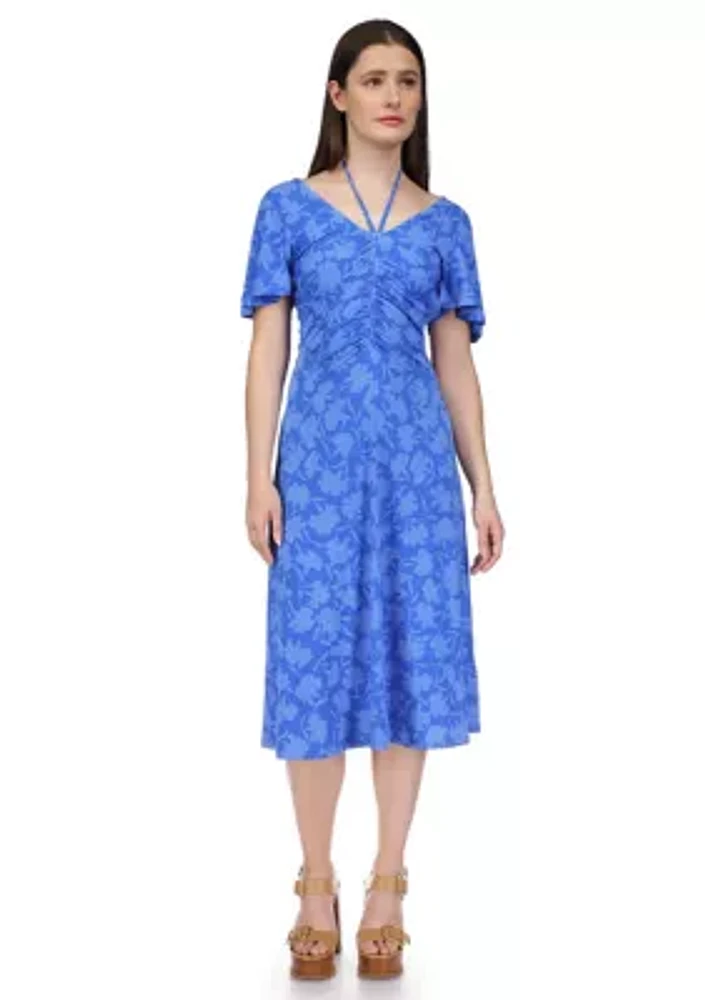 Women's Flutter Sleeve Tie Neck Ruched Floral Midi Dress