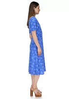 Women's Flutter Sleeve Tie Neck Ruched Floral Midi Dress