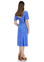 Women's Flutter Sleeve Tie Neck Ruched Floral Midi Dress