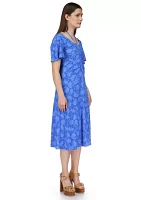 Women's Flutter Sleeve Tie Neck Ruched Floral Midi Dress