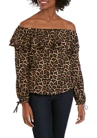 Plus Leopard Off the Shoulder Peasant Blouse