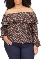 Plus Chain Print Ruffle Peasant Top