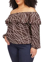 Plus Chain Print Ruffle Peasant Top