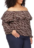 Plus Chain Print Ruffle Peasant Top