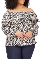 Plus Tiger Print Ruffle Peasant Top