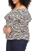 Plus Tiger Print Ruffle Peasant Top