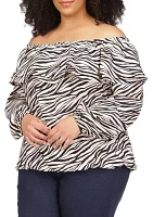 Plus Tiger Print Ruffle Peasant Top