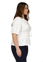 Plus Palm Crinkle Knit Eyelet Top