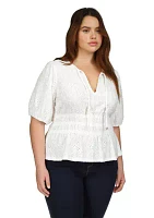 Plus Palm Crinkle Knit Eyelet Top