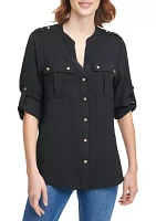 Women's Modern Essentials Basic Roll Tab Button Front Top