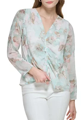 Women's Blouson Sleeve V-Neck Printed Blouse