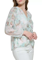 Women's Blouson Sleeve V-Neck Printed Blouse