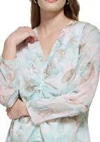 Women's Blouson Sleeve V-Neck Printed Blouse