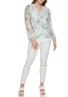 Women's Blouson Sleeve V-Neck Printed Blouse