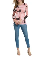 Women's Side Ruched Printed Mesh Blouse