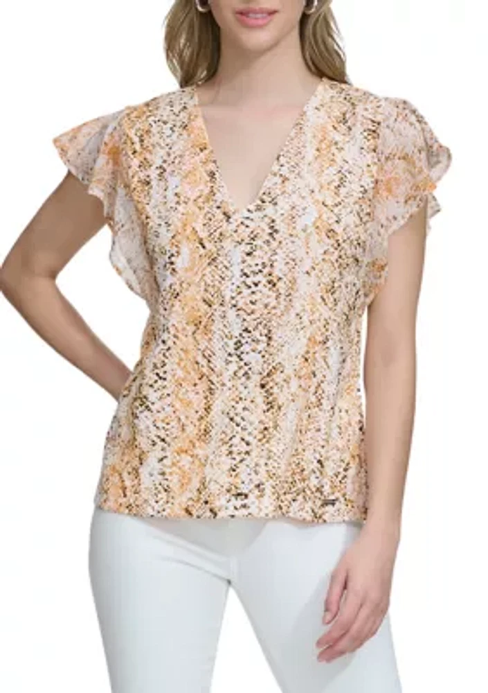 Women's Chiffon Ruffle Sleeve Printed Top