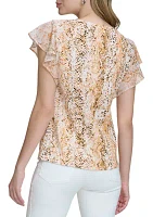 Women's Chiffon Ruffle Sleeve Printed Top