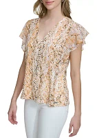 Women's Chiffon Ruffle Sleeve Printed Top