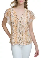 Women's Chiffon Ruffle Sleeve Printed Top