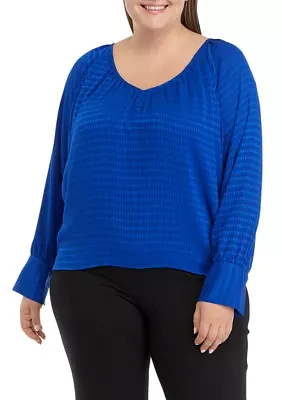 Plus Long Sleeve Tiled Chiffon V-Neck Top