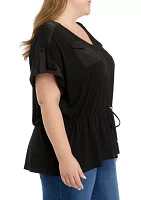 Plus Short Sleeve Stretch Crepe V-Neck Tie Waist Top