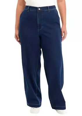 Plus Knit Denim Elastic Wide Leg Pants