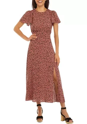 Juniors' Ruched Sleeve Printed Midi Dress