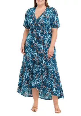 Plus Puff Sleeve Floral Midi Dress