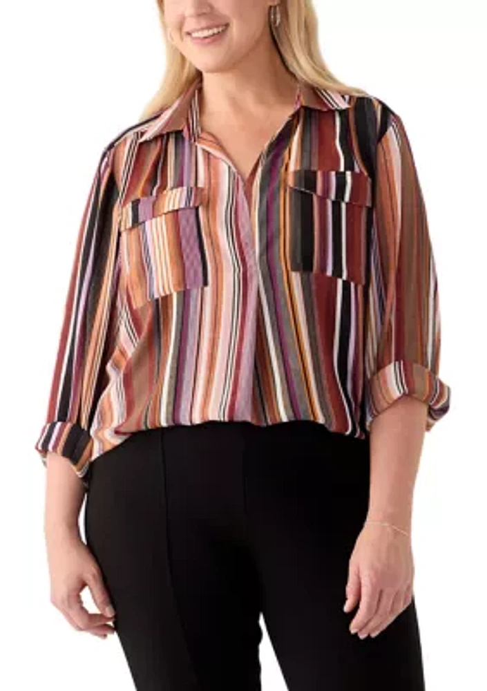 Plus Long Sleeve Striped Popover Woven Blouse