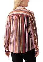 Plus Long Sleeve Striped Popover Woven Blouse