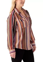 Plus Long Sleeve Striped Popover Woven Blouse