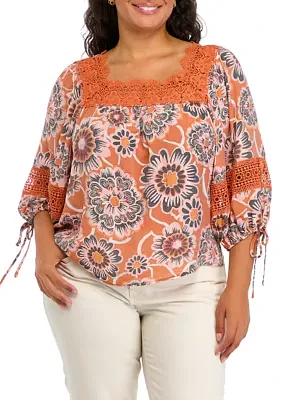 Plus 3/4 Sleeve Printed Crochet Trim Shirt