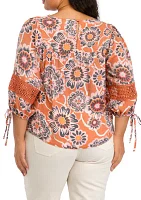 Plus 3/4 Sleeve Printed Crochet Trim Shirt