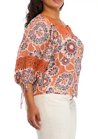 Plus 3/4 Sleeve Printed Crochet Trim Shirt