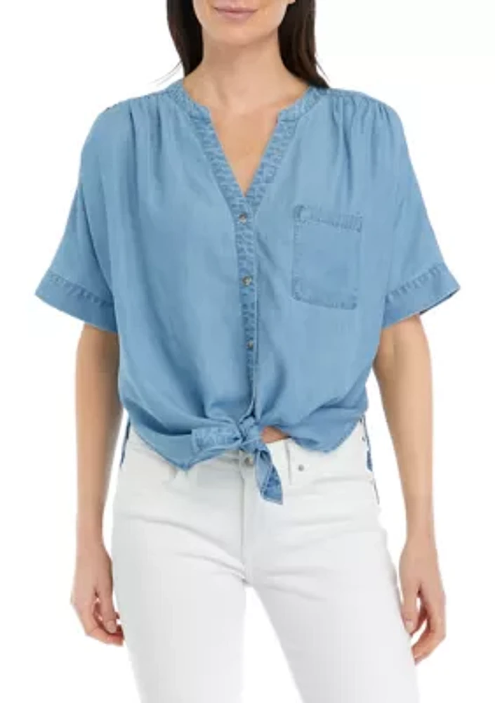 Women's Short Sleeve Tie Front Chambray Shirt