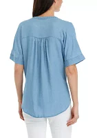 Women's Short Sleeve Tie Front Chambray Shirt