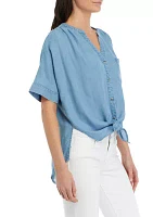 Women's Short Sleeve Tie Front Chambray Shirt