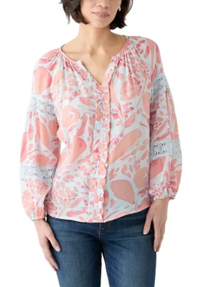 Petite Printed Peasant Top