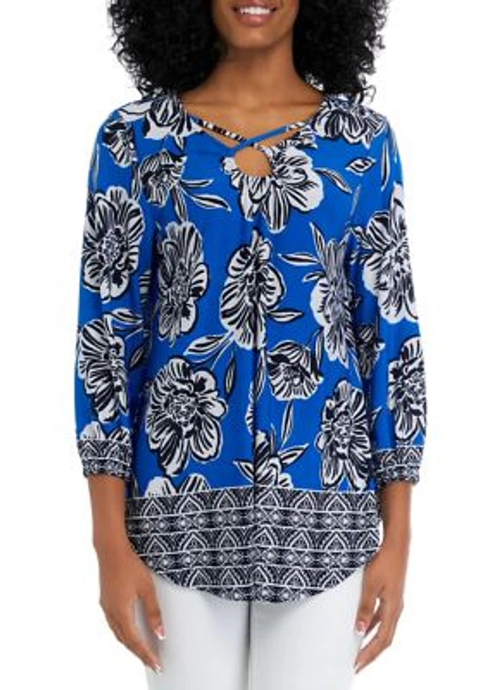 Women's Cross Neck Floral Knit Top