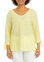 Women's V-Neck Ribbon Striped Top