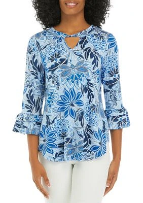 Women's Twist Front Bell Sleeve Floral Knit Top