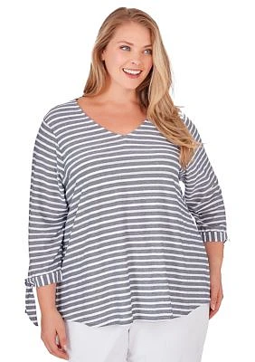 V-neck Lightweight Stripe Knit Top with Tie Sleeve Detail