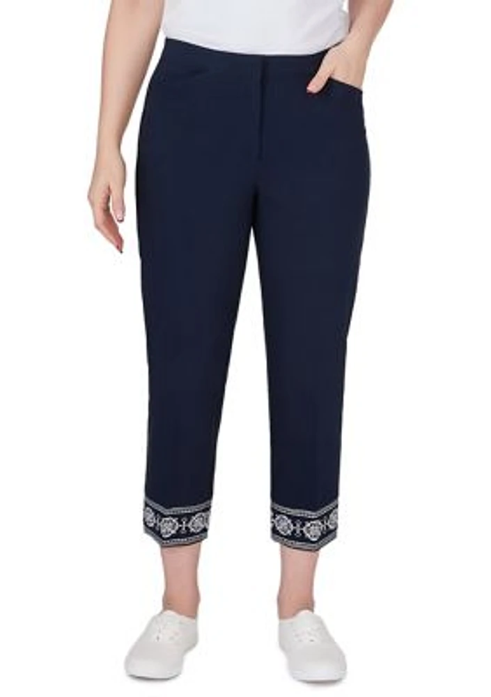 Women's Embroidered Hem Fly Front Ankle Pants