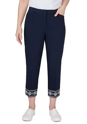 Women's Embroidered Hem Fly Front Ankle Pants