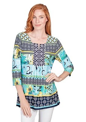 Women's Scoop Neck Mixed Tropical Border Puff Print Shark Bite Top with Placket Embroidery