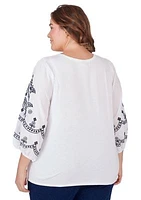 Plus Scoop Neck Solid Knit Top with Embroidered Sleeves