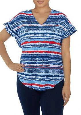 Women's Knit V-Neck Stripe Print Top